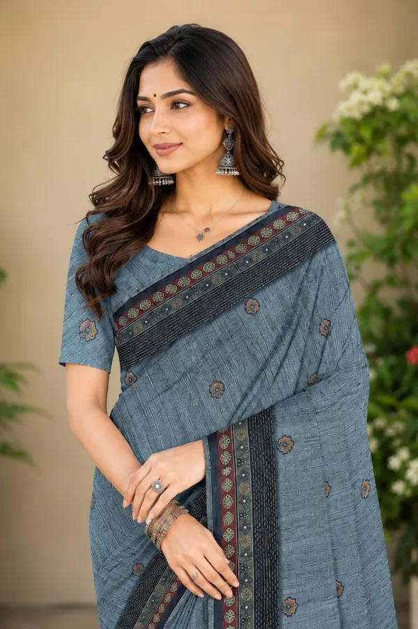 Steel_Grey_Premium_Linen_Cotton_Saree_With_Ethnic_Mosaic_Pallu_Designer_Border