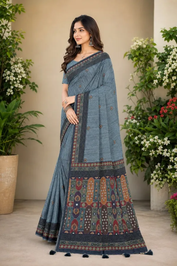Steel_Grey_Premium_Linen_Cotton_Saree_With_Ethnic_Mosaic_Pallu_Designer_Border