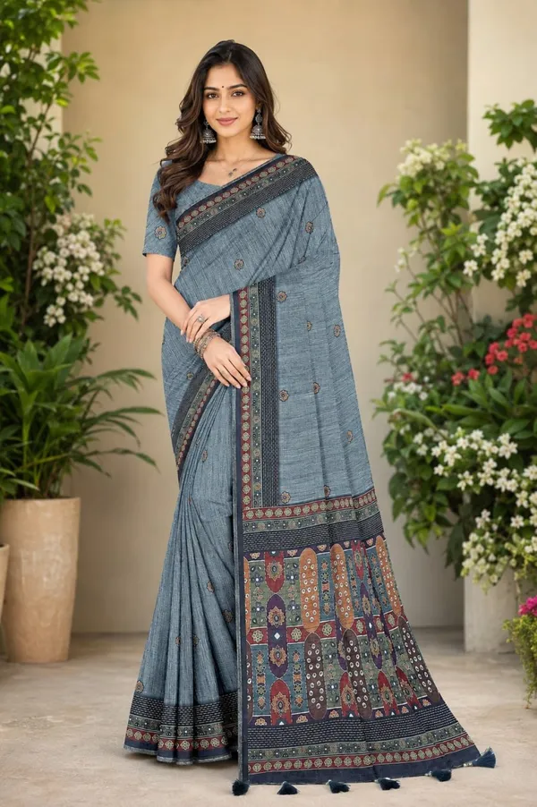 Steel_Grey_Premium_Linen_Cotton_Saree_With_Ethnic_Mosaic_Pallu_Designer_Border