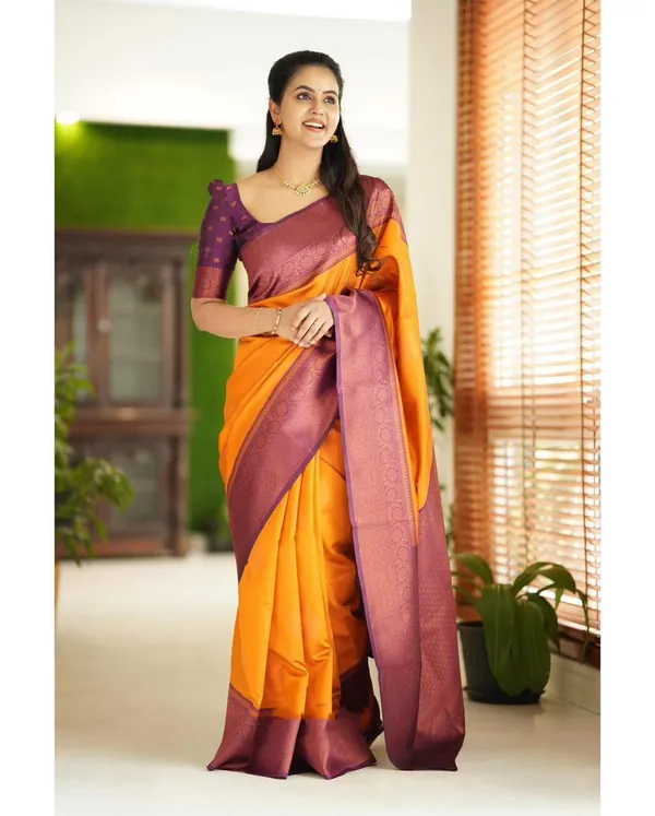 Golden_Yellow_Soft_Silk_Blend_Saree_With_Purple_Woven_Border