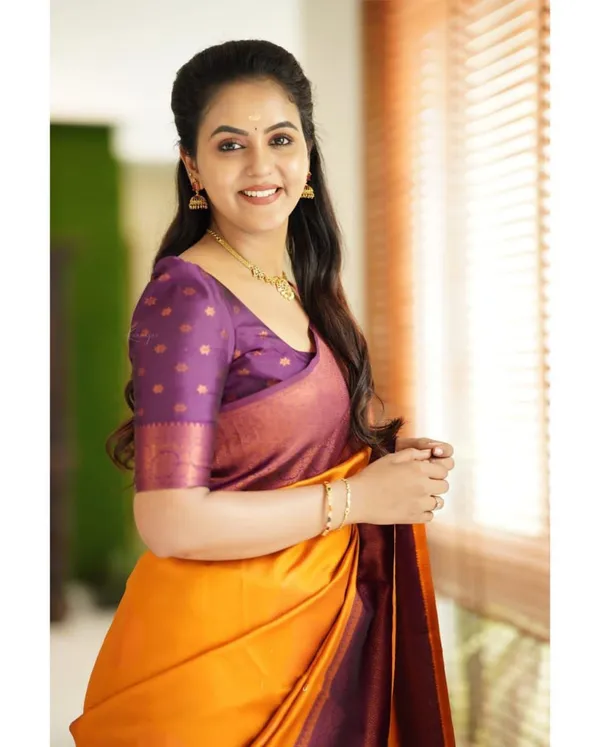 Golden_Yellow_Soft_Silk_Blend_Saree_With_Purple_Woven_Border