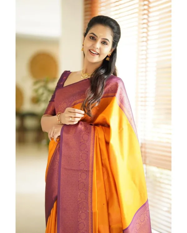 Golden_Yellow_Soft_Silk_Blend_Saree_With_Purple_Woven_Border