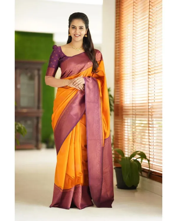 Golden_Yellow_Soft_Silk_Blend_Saree_With_Purple_Woven_Border