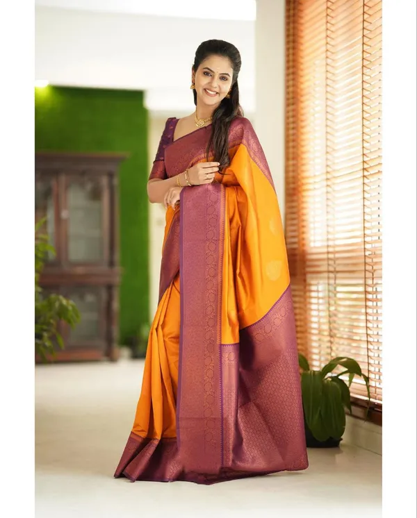 Golden_Yellow_Soft_Silk_Blend_Saree_With_Purple_Woven_Border