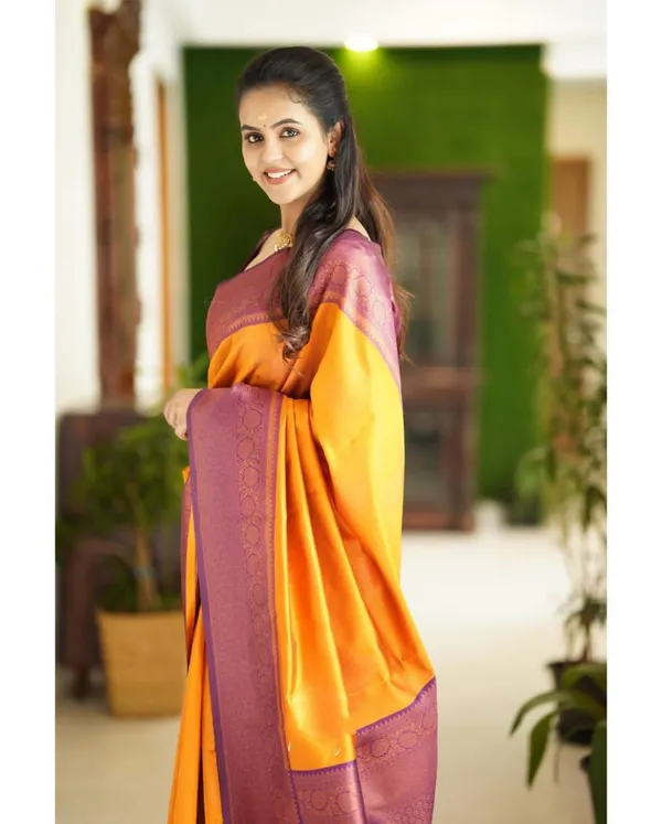 Golden_Yellow_Soft_Silk_Blend_Saree_With_Purple_Woven_Border