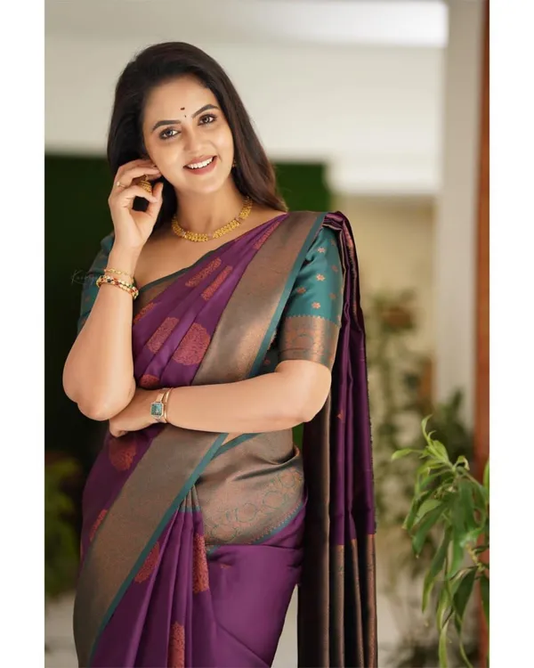 Wine_Purple_Soft_Silk_Blend_Saree_With_Antique_Gold_Woven_Buta_And_Contrast_Border