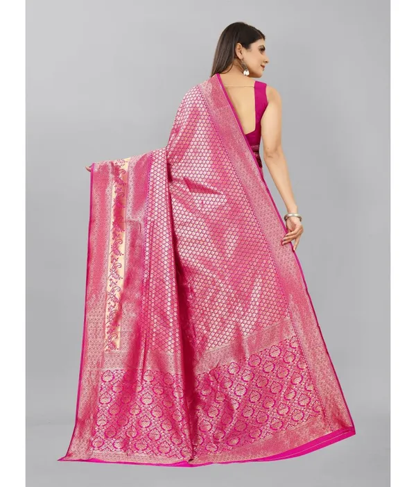 Rani_Pink_Banarasi_Style_Silk_Blend_Saree_With_Gold_Zari_Woven_Border