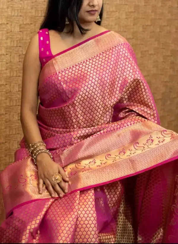 Rani_Pink_Banarasi_Style_Silk_Blend_Saree_With_Gold_Zari_Woven_Border