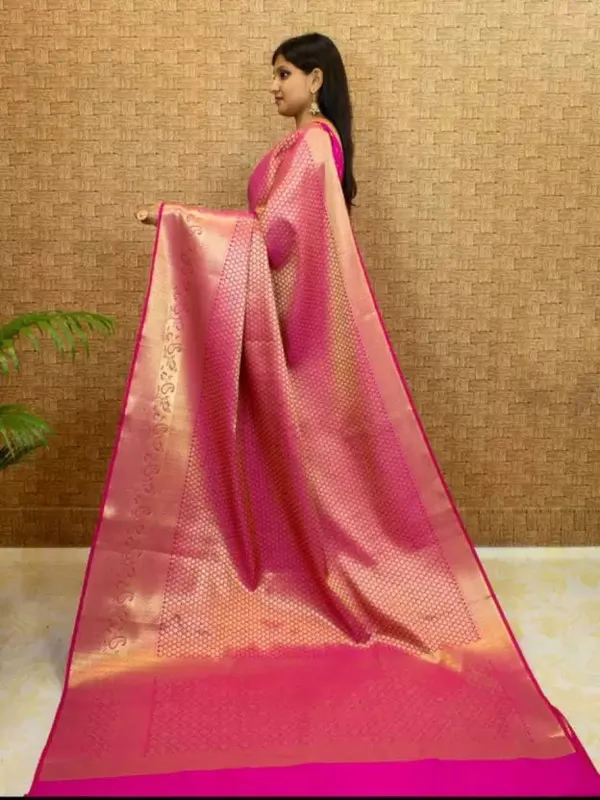 Rani_Pink_Banarasi_Style_Silk_Blend_Saree_With_Gold_Zari_Woven_Border