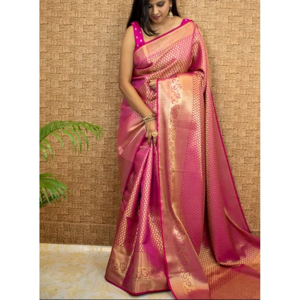 Rani_Pink_Banarasi_Style_Silk_Blend_Saree_With_Gold_Zari_Woven_Border
