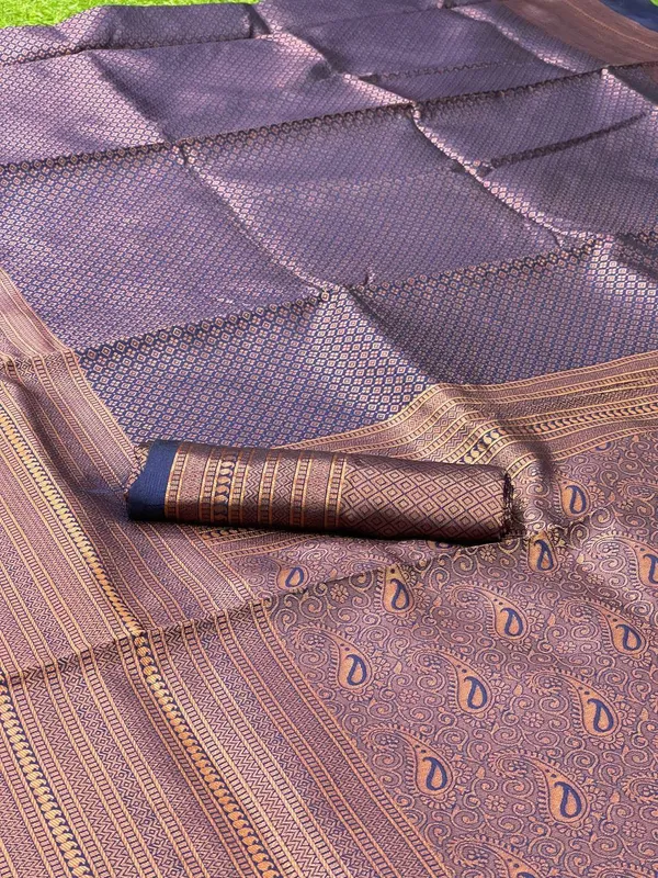 Navy_Blue_Woven_Silk_Blend_Saree_With_Antique_Copper_Zari_And_Paisley_Pallu