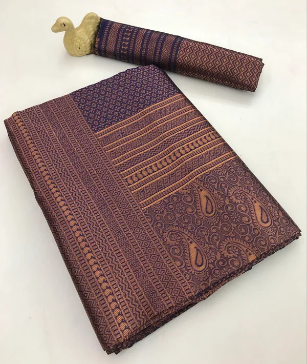 Navy_Blue_Woven_Silk_Blend_Saree_With_Antique_Copper_Zari_And_Paisley_Pallu