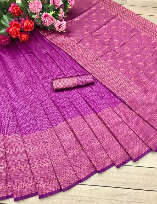 Royal_Purple_Woven_Silk_Blend_Saree_With_Rose_Gold_Border_And_Tasselled_Pallu