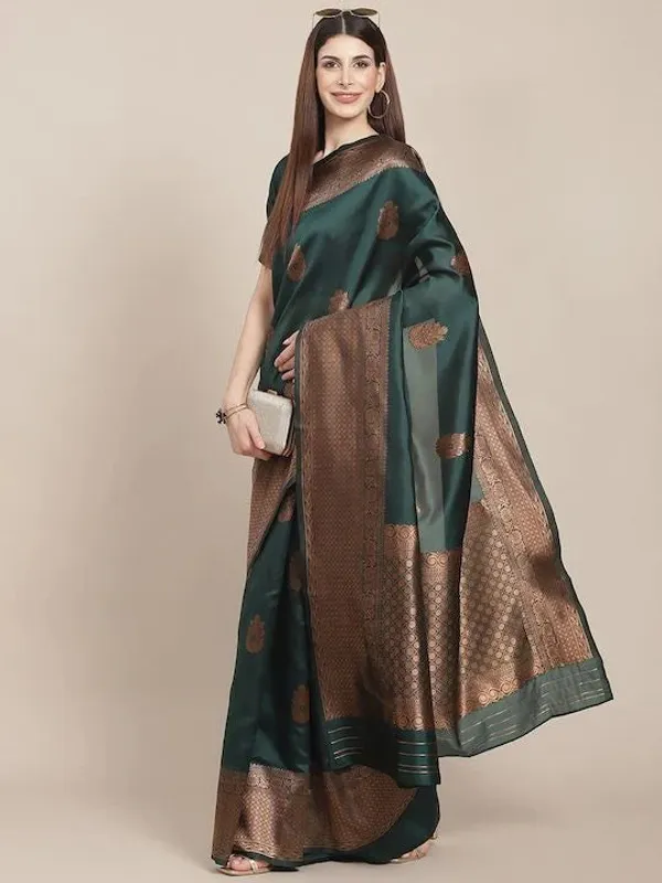 Emerald_Green_Woven_Silk_Blend_Saree_With_Antique_Gold_Zari_Border