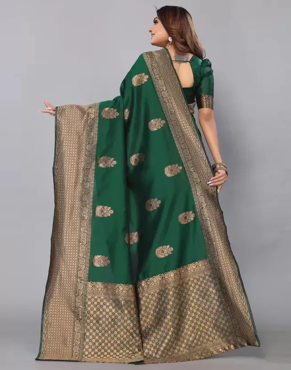 Emerald_Green_Woven_Silk_Blend_Saree_With_Antique_Gold_Zari_Border