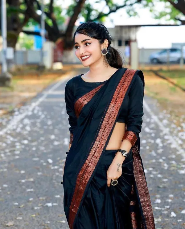 Classic_Black_Silk_Blend_Saree_With_Copper_Woven_Border_And_Striped_Pallu