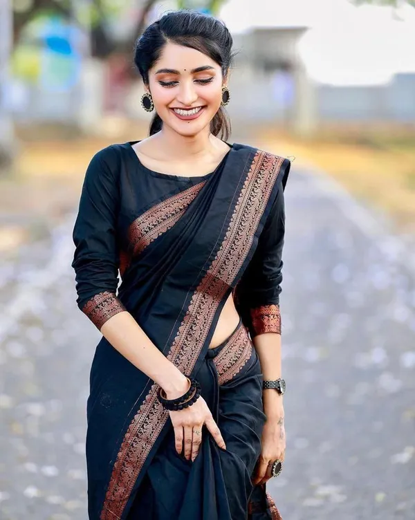 Classic_Black_Silk_Blend_Saree_With_Copper_Woven_Border_And_Striped_Pallu