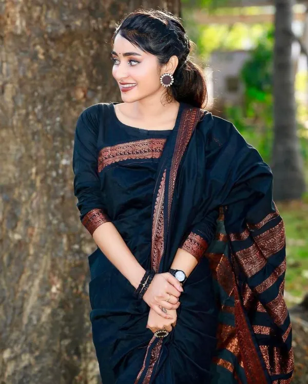 Classic_Black_Silk_Blend_Saree_With_Copper_Woven_Border_And_Striped_Pallu