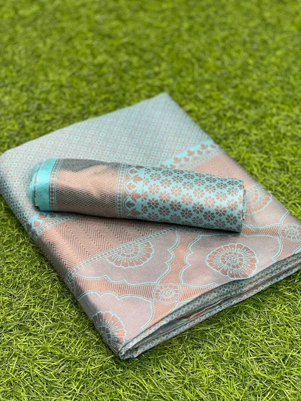Sky_Blue_Woven_Silk_Blend_Saree_With_Beige_Floral_Pallu_And_Contrast_Border