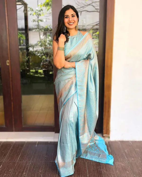 Sky_Blue_Woven_Silk_Blend_Saree_With_Beige_Floral_Pallu_And_Contrast_Border