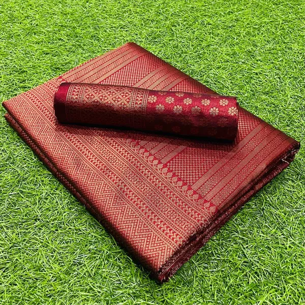 Rich_Maroon_Copper_Woven_Silk_Blend_Saree_With_Geometric_Border