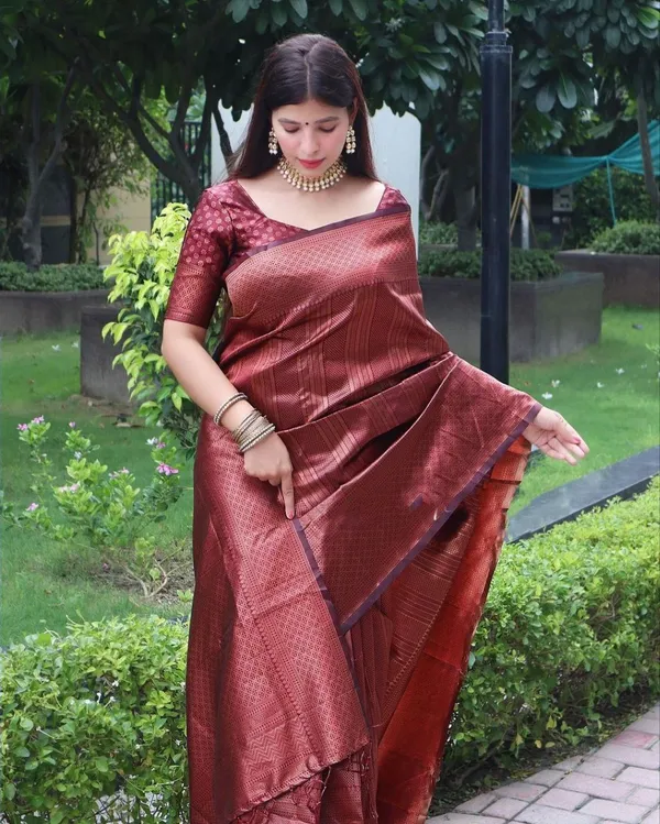 Rich_Maroon_Copper_Woven_Silk_Blend_Saree_With_Geometric_Border