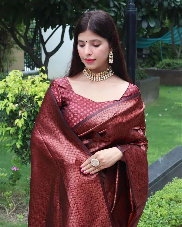 Rich_Maroon_Copper_Woven_Silk_Blend_Saree_With_Geometric_Border