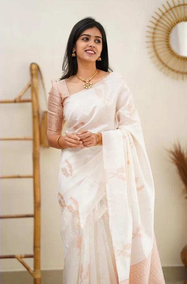 Ivory_White_Silk_Blend_Saree_With_Peach_Leaf_Motifs_And_Woven_Pallu