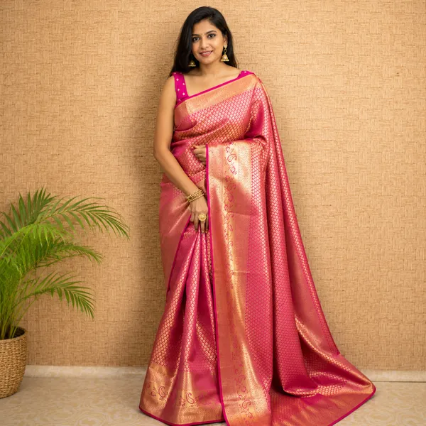 Rani_Pink_Banarasi_Style_Silk_Blend_Saree_With_Gold_Zari_Woven_Border