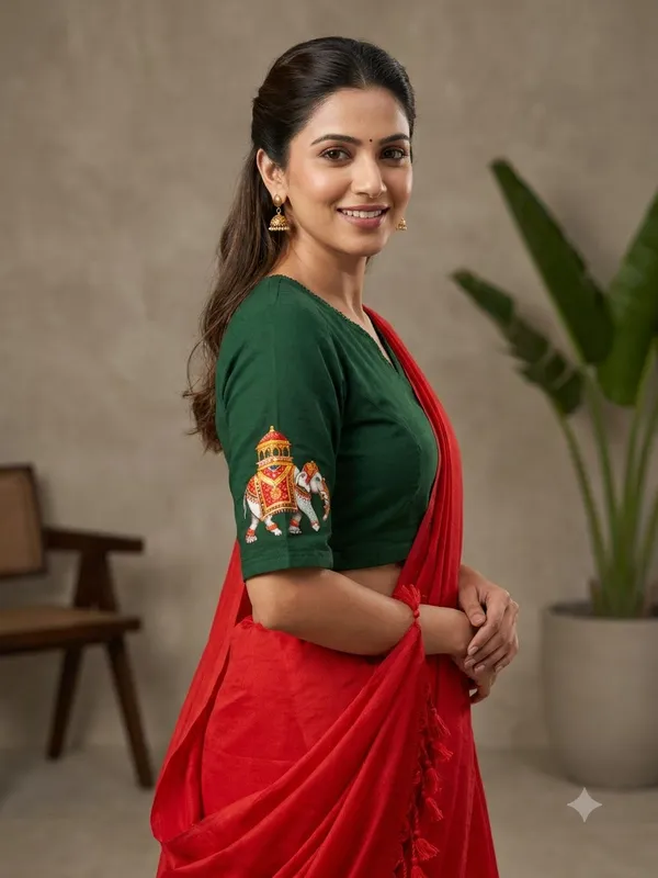 Elegant_Red_Saree_With_Embroidered_Green_Blouse_Tassel_Pallu