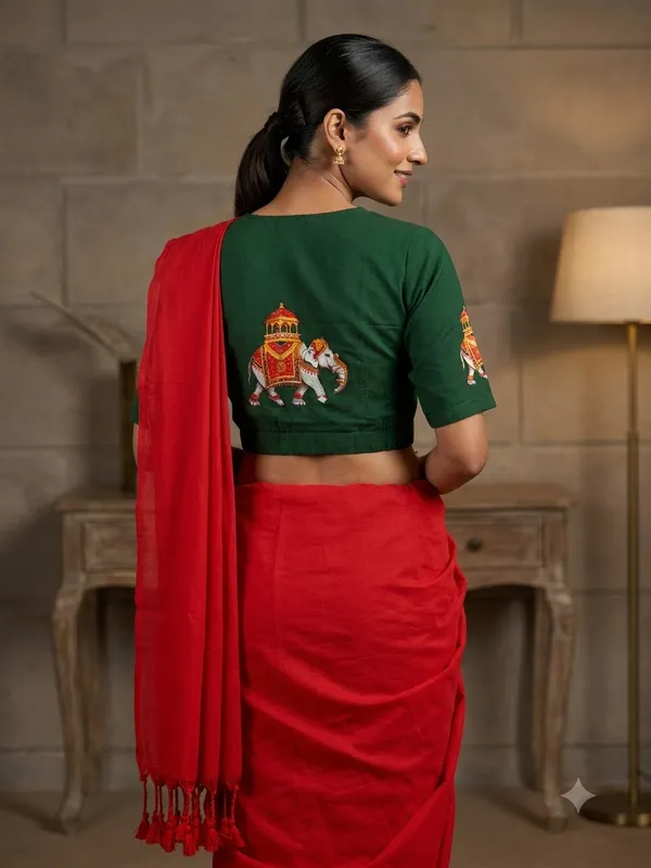 Elegant_Red_Saree_With_Embroidered_Green_Blouse_Tassel_Pallu
