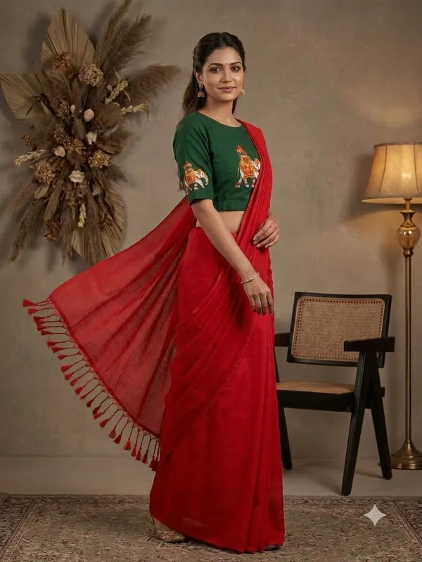 Elegant_Red_Saree_With_Embroidered_Green_Blouse_Tassel_Pallu