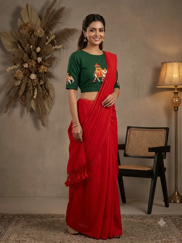 Elegant_Red_Saree_With_Embroidered_Green_Blouse_Tassel_Pallu