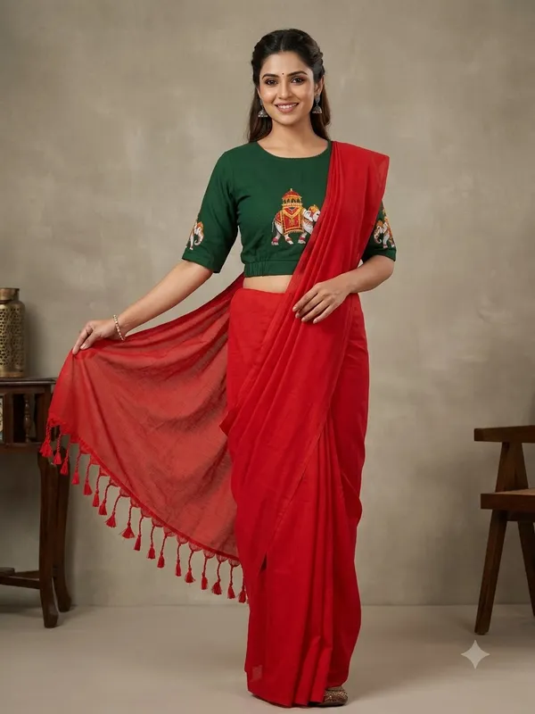 Elegant_Red_Saree_With_Embroidered_Green_Blouse_Tassel_Pallu