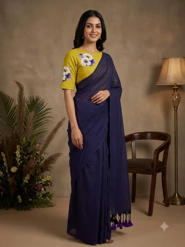Elegant_Navy_Blue_Saree_With_Mustard_Floral_Blouse_Tassel_Pallu