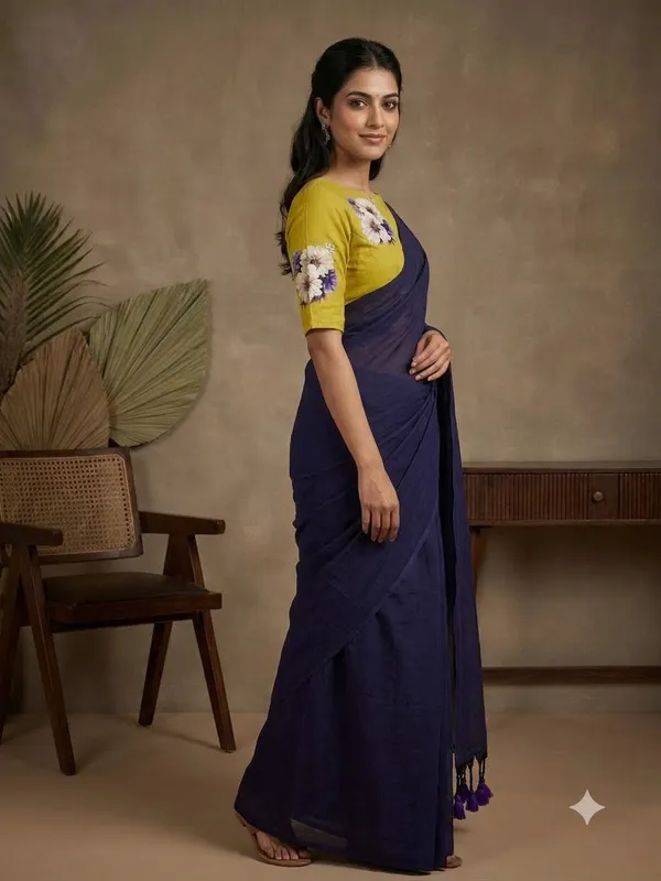 Elegant_Navy_Blue_Saree_With_Mustard_Floral_Blouse_Tassel_Pallu