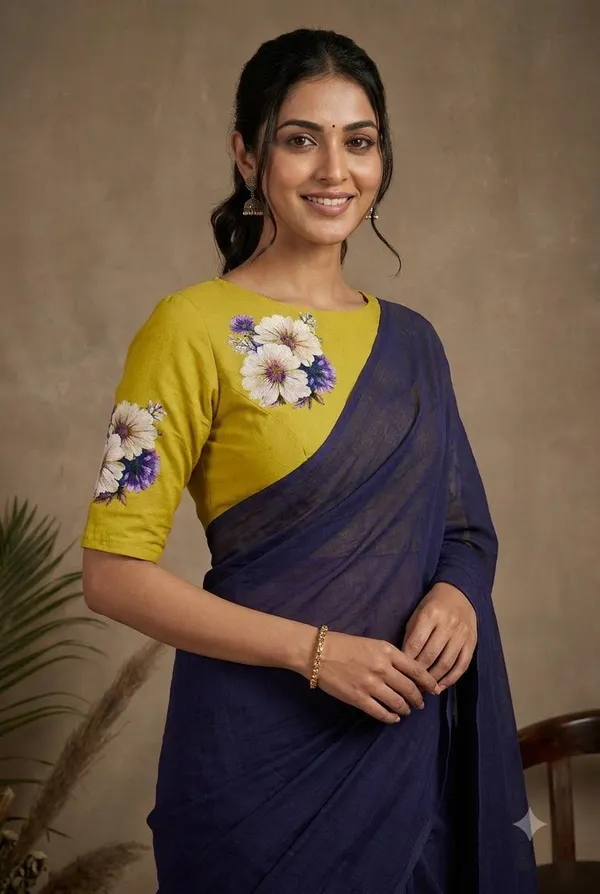 Elegant_Navy_Blue_Saree_With_Mustard_Floral_Blouse_Tassel_Pallu