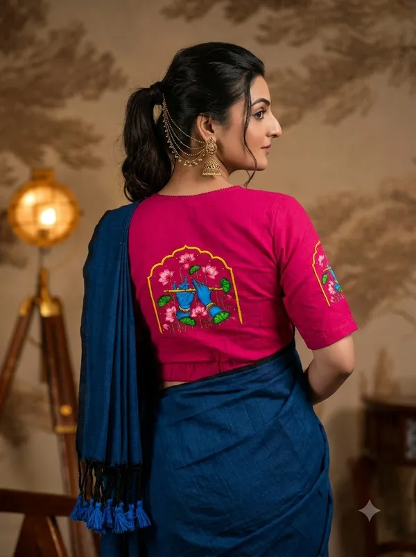 Royal_Blue_Saree_With_Magenta_Kriahna_Printes_Blouse