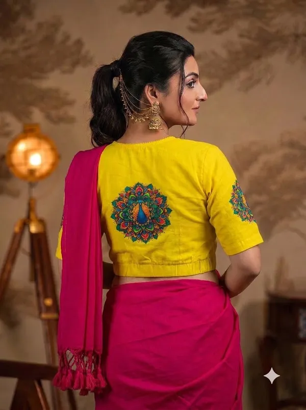 Rani_Pink_Saree_With_Bright_Yellow_Peacock_Print_Ready_To_Wear_Blouse