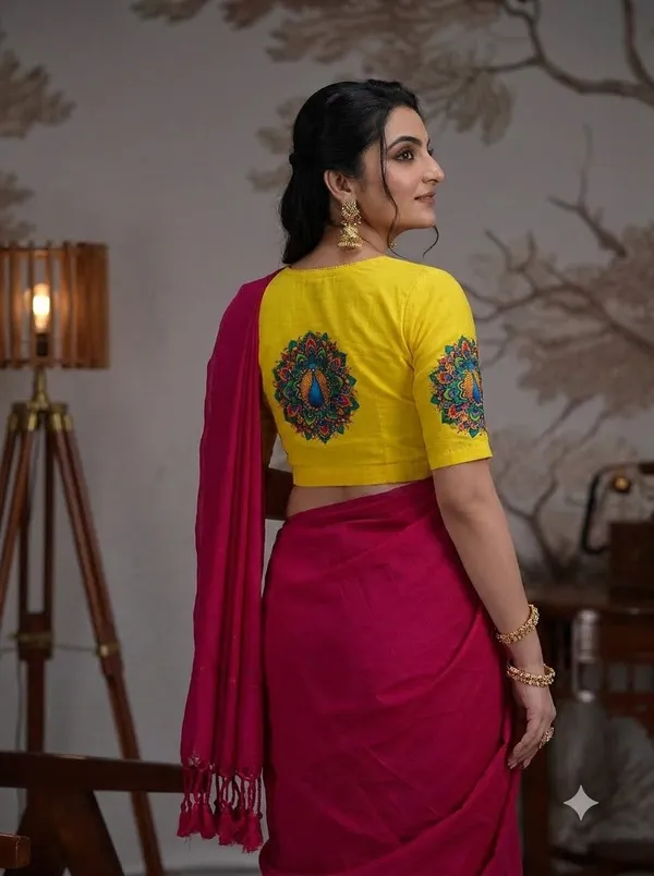 Rani_Pink_Saree_With_Bright_Yellow_Peacock_Print_Ready_To_Wear_Blouse