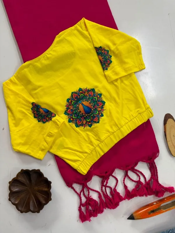 Rani_Pink_Saree_With_Bright_Yellow_Peacock_Print_Ready_To_Wear_Blouse