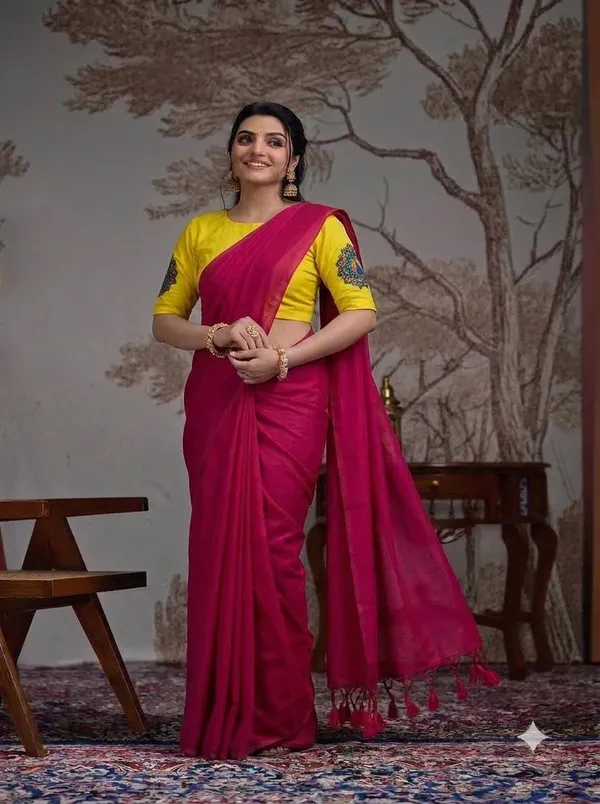 Rani_Pink_Saree_With_Bright_Yellow_Peacock_Print_Ready_To_Wear_Blouse