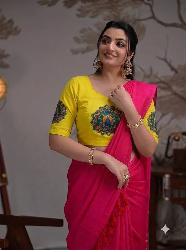 Rani_Pink_Saree_With_Bright_Yellow_Peacock_Print_Ready_To_Wear_Blouse