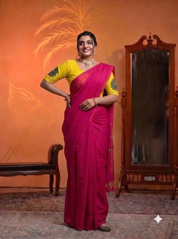 Rani_Pink_Saree_With_Bright_Yellow_Peacock_Print_Ready_To_Wear_Blouse