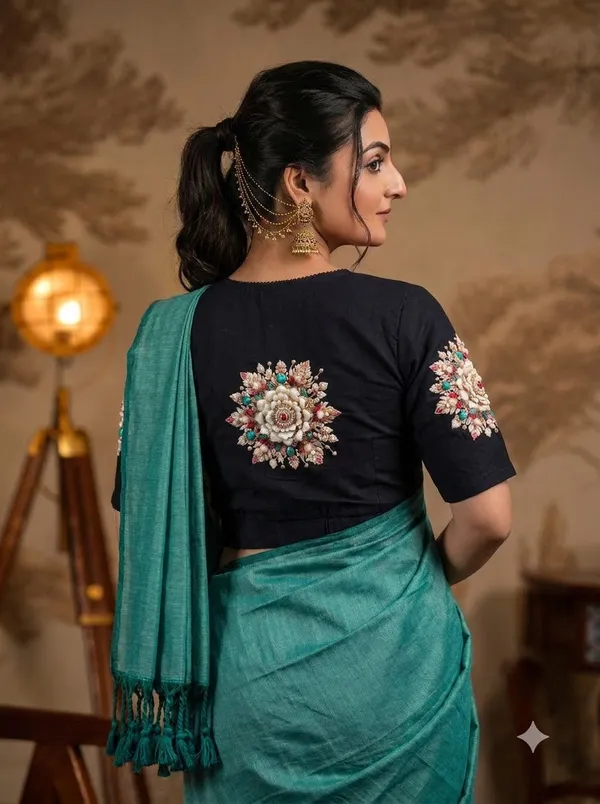 Sea_Green_Saree_With_Navy_Blue_Floral_Print_Ready_To_Wear_Blouse