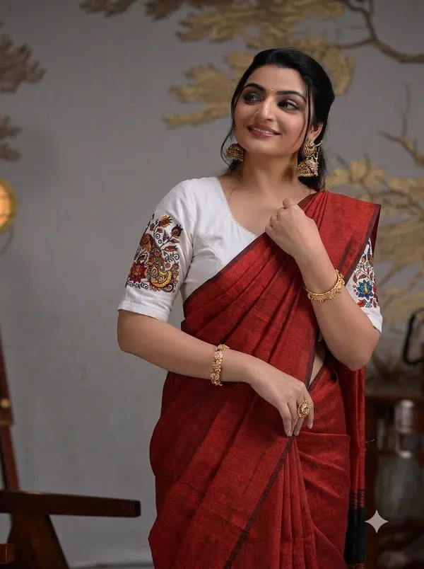Rust_Orange_Saree_With_White_Peacock_Printed_Ready_To_Wear_Blouse