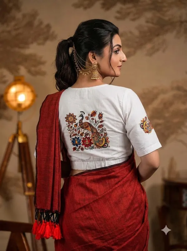 Rust_Orange_Saree_With_White_Peacock_Printed_Ready_To_Wear_Blouse