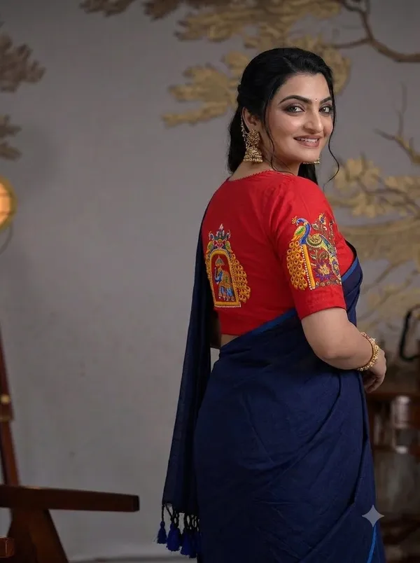 Navy_Blue_Saree_With_Red_Elephant_Peacock_Printed_Ready_To_Wear_Blouse