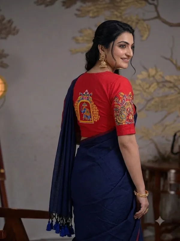 Navy_Blue_Saree_With_Red_Elephant_Peacock_Printed_Ready_To_Wear_Blouse