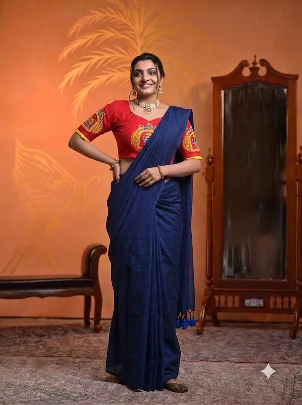 Navy_Blue_Saree_With_Red_Elephant_Peacock_Printed_Ready_To_Wear_Blouse